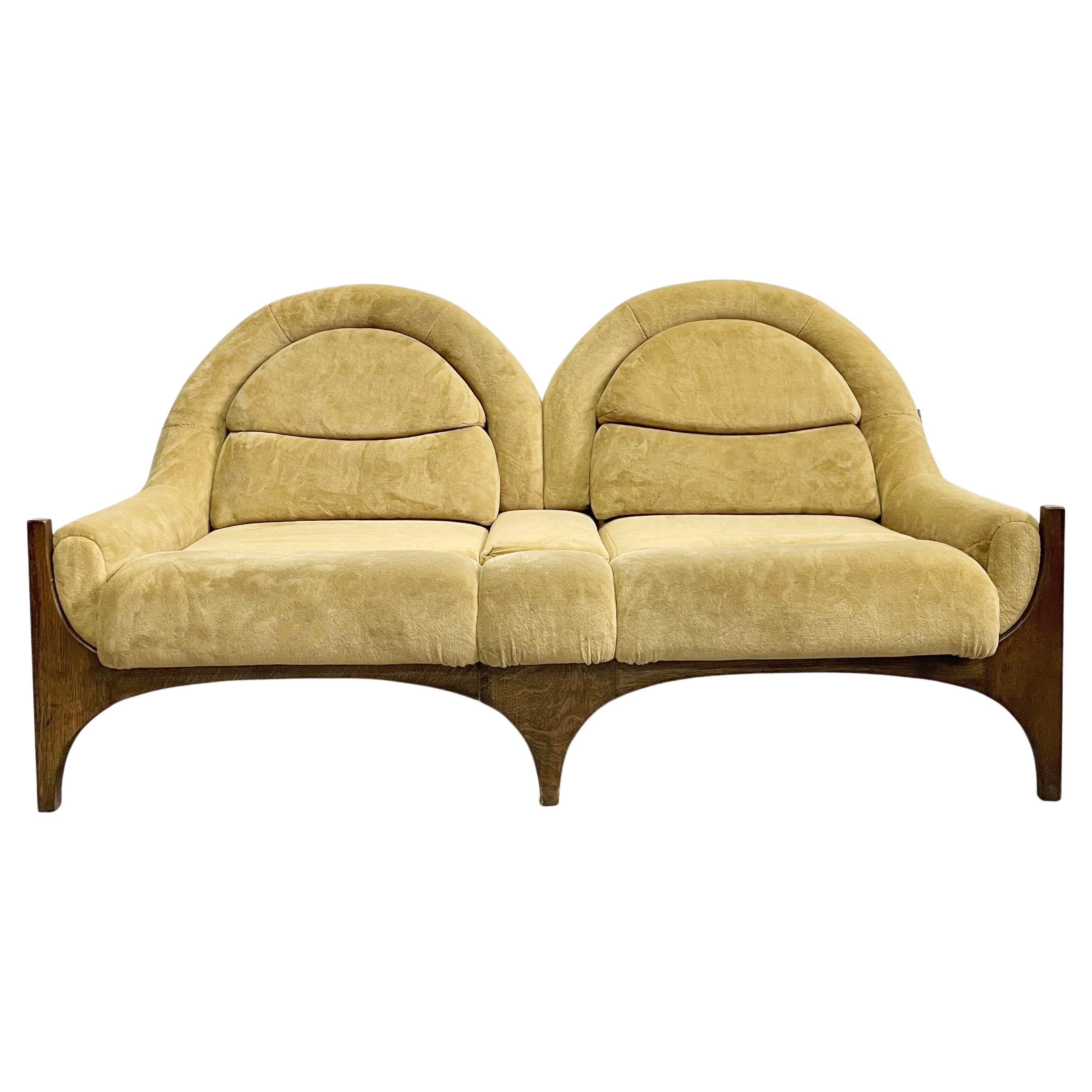 Mid-Century 2-Seat Sofa, Architectural Wooden Frame and Mustard Fabric, 1960s