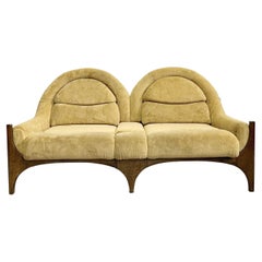 Mid-Century 2-Seat Sofa, Architectural Wooden Frame and Mustard Fabric, 1960s