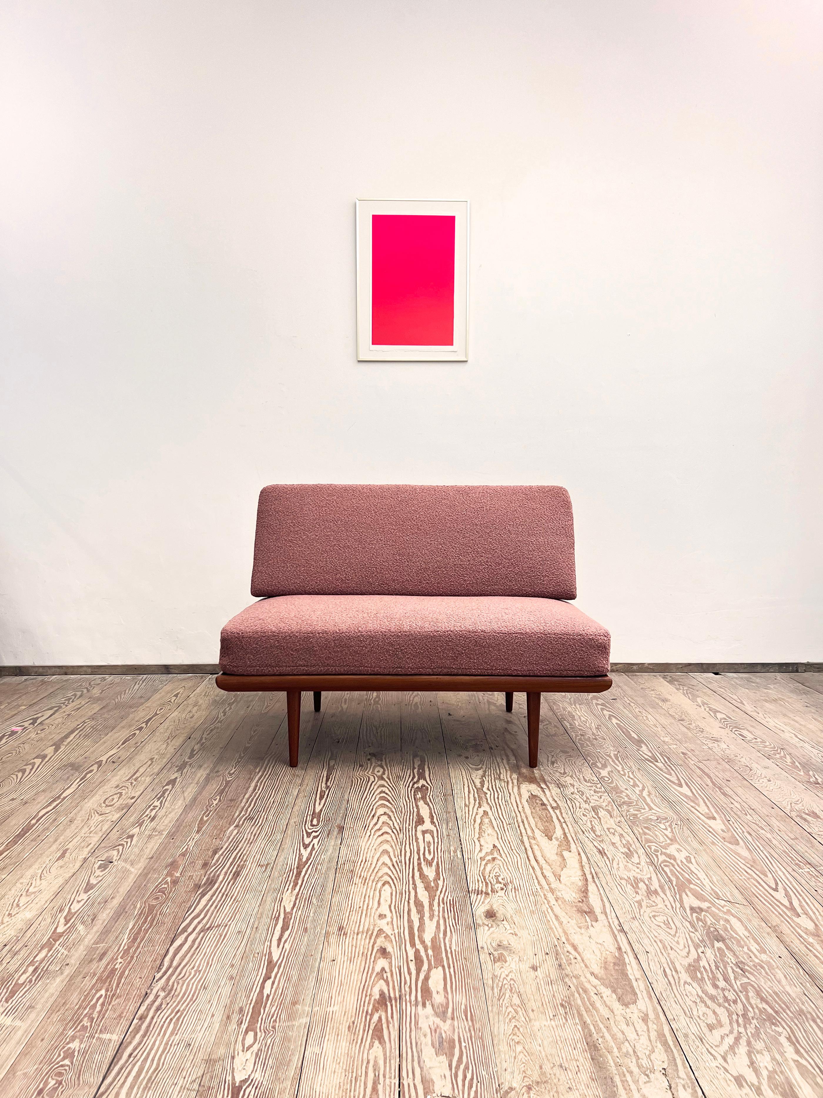 Dimensions 125 x 80 x 85 x 43 cm  (WxDxHxSH)

This shapely and comfortable sofa was designed by Danish Designers Peter Hvidt and Orla Mølgaard Nielsen for France and Daverkosen. The Mid-Century couch is the small version of the Minerva Series and
