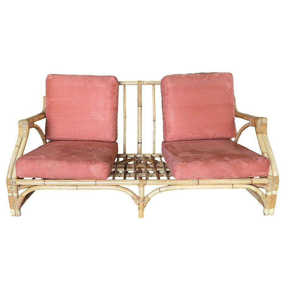 This beautifully restored Paul Frankl-inspired Mid-century two-strand transitional arm 3-seat sofa with arched base. This sofa features a unique rattan pole back with fancy wrappings at the joints. The arm is indicative of the transitional sofa