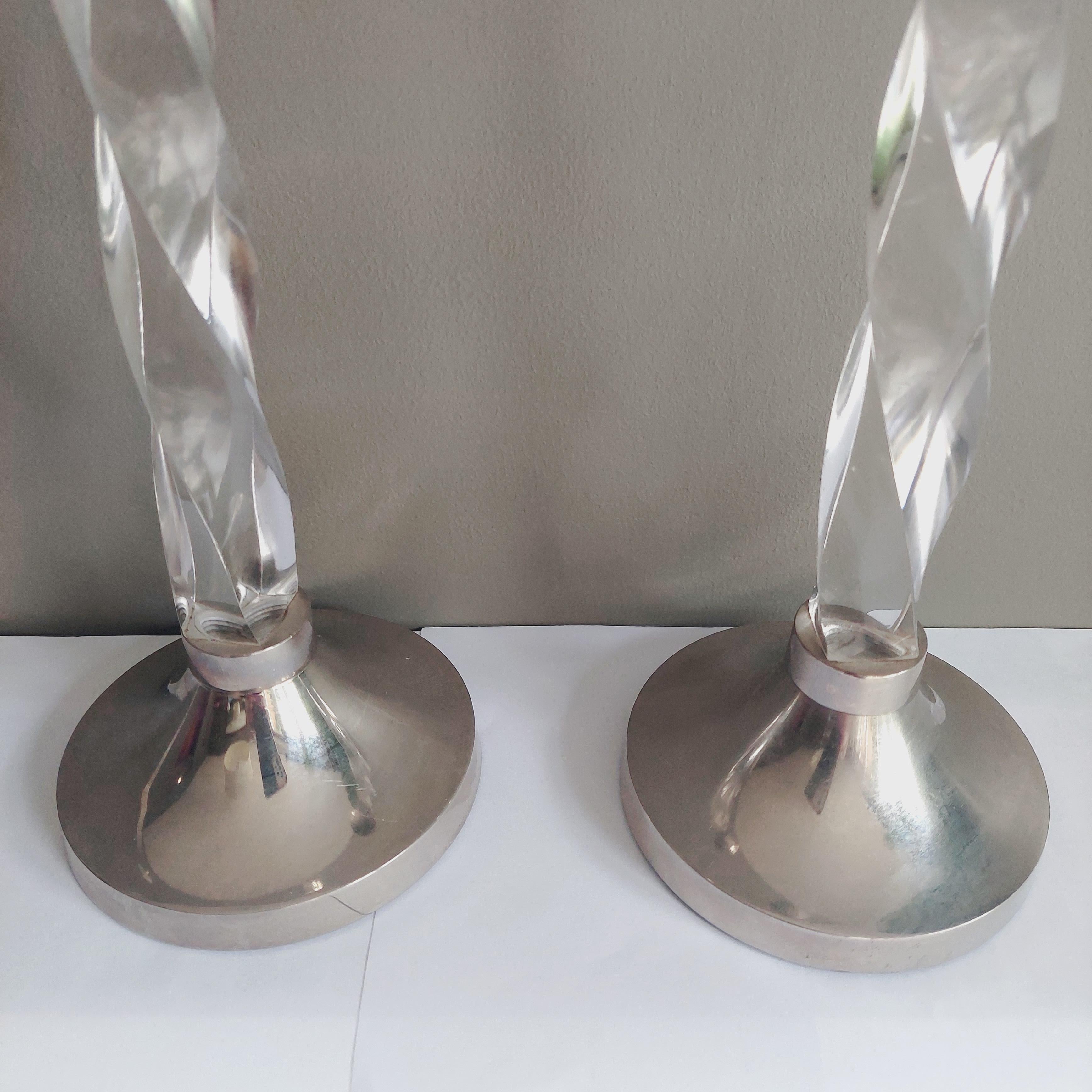 Mid century 2 Vintage Chrome and Twisted Lucite Candlesticks Candle Holders, 70s For Sale 4