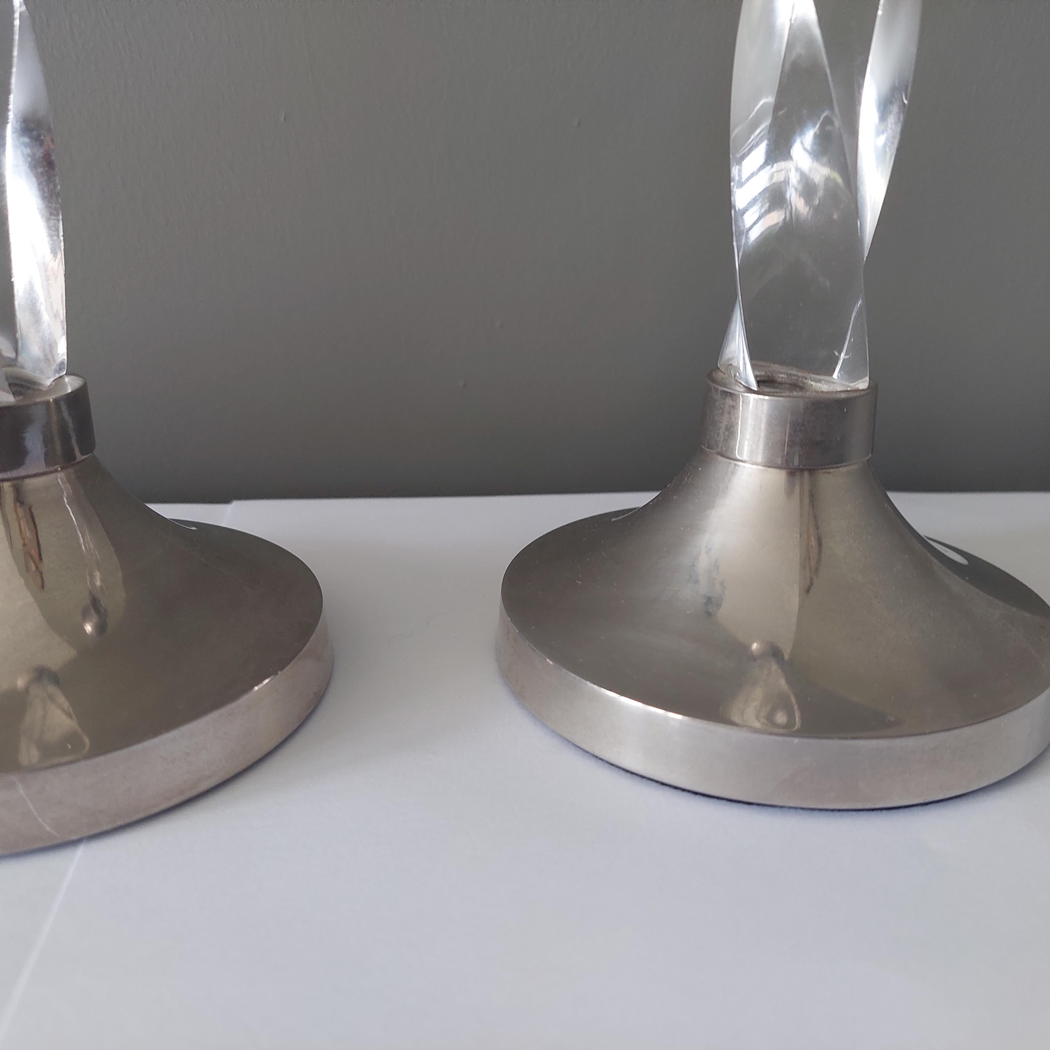 Mid century 2 Vintage Chrome and Twisted Lucite Candlesticks Candle Holders, 70s For Sale 5