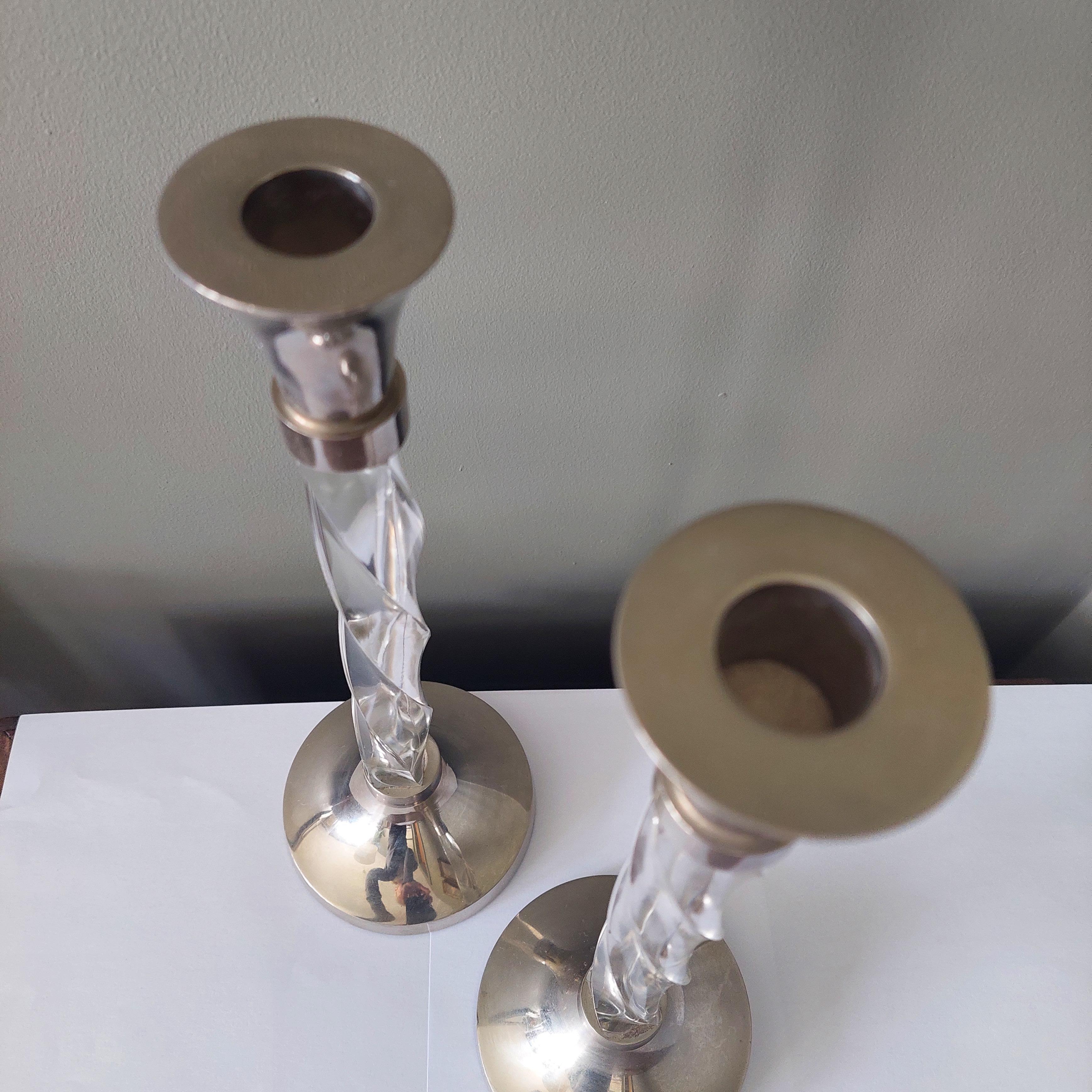 Mid century 2 Vintage Chrome and Twisted Lucite Candlesticks Candle Holders, 70s For Sale 6