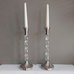 Mid century 2 Vintage Chrome and Twisted Lucite Candlesticks Candle Holders, 70s