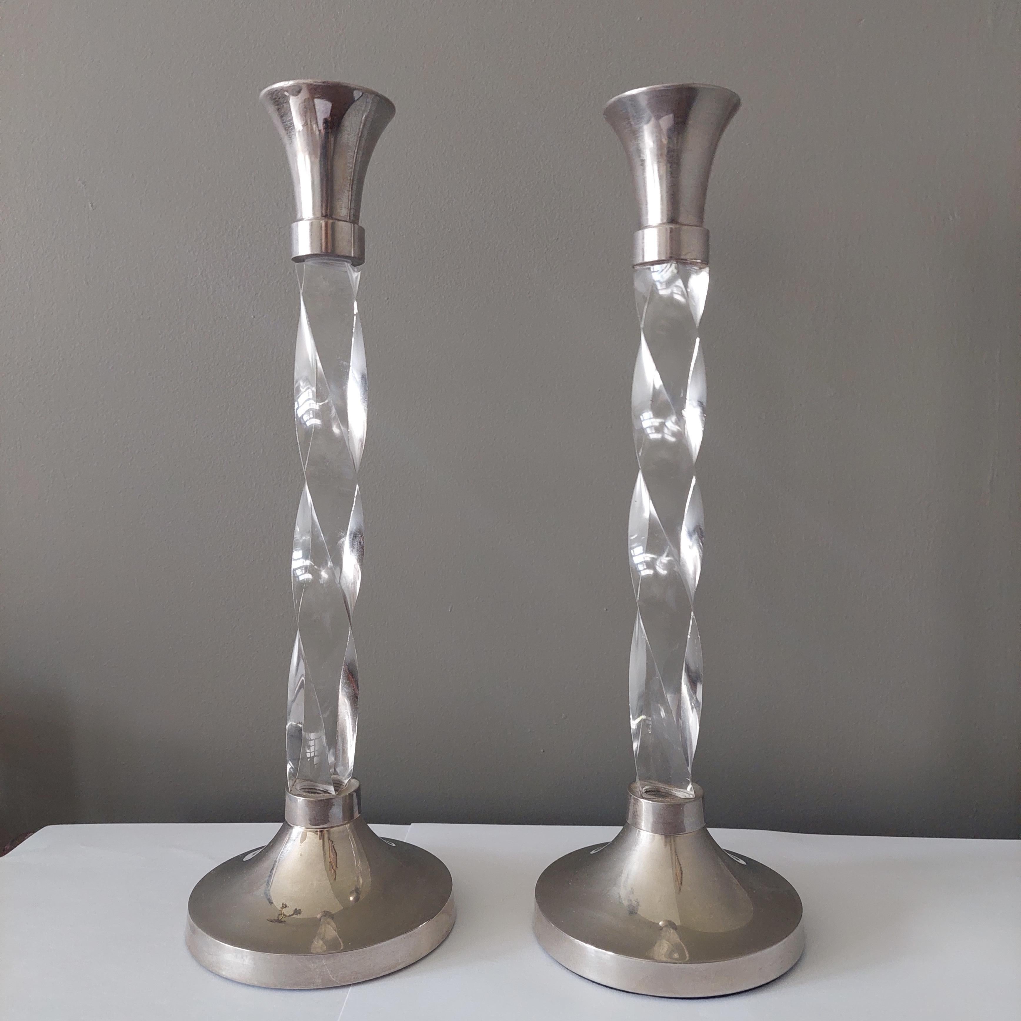 Hollywood Regency Mid century 2 Vintage Chrome and Twisted Lucite Candlesticks Candle Holders, 70s For Sale