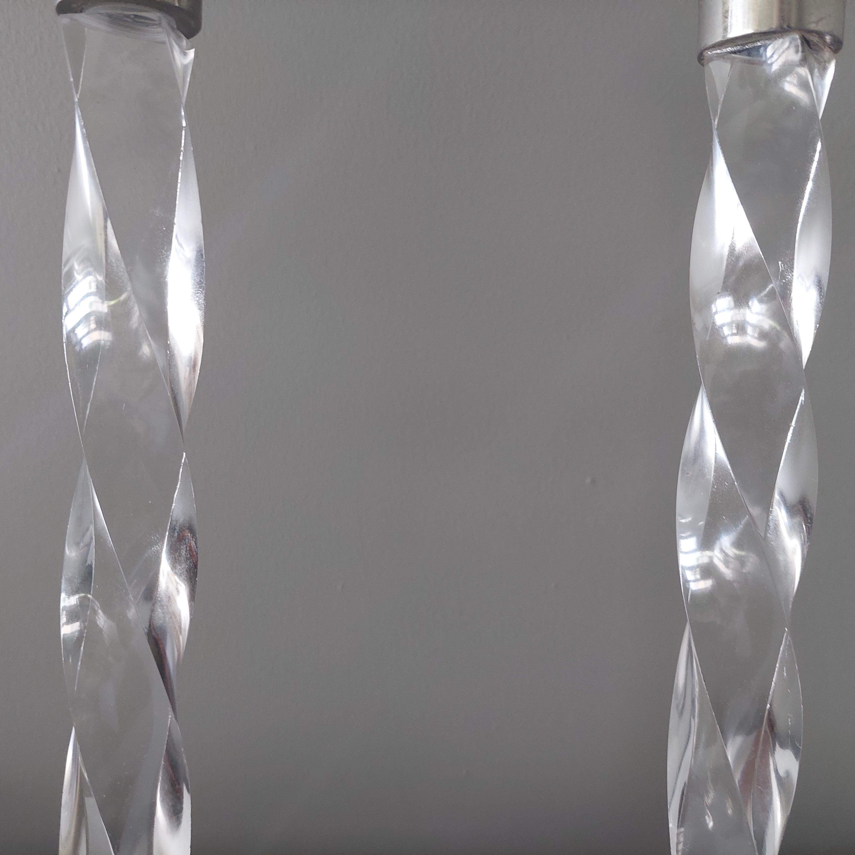 European Mid century 2 Vintage Chrome and Twisted Lucite Candlesticks Candle Holders, 70s For Sale
