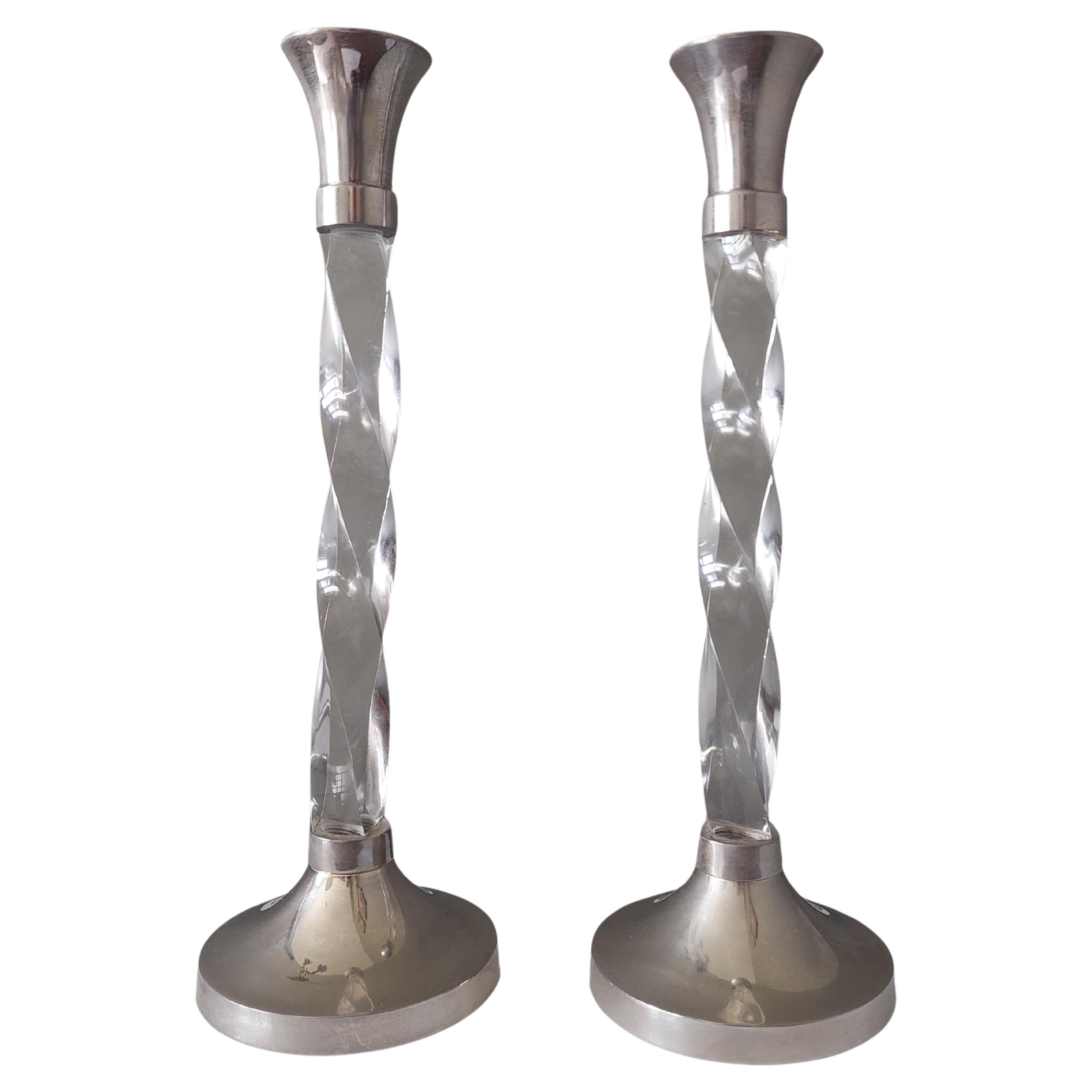 Mid century 2 Vintage Chrome and Twisted Lucite Candlesticks Candle Holders, 70s For Sale