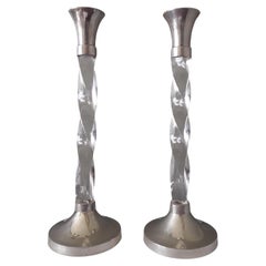 Mid century 2 Retro Chrome and Twisted Lucite Candlesticks Candle Holders, 70s