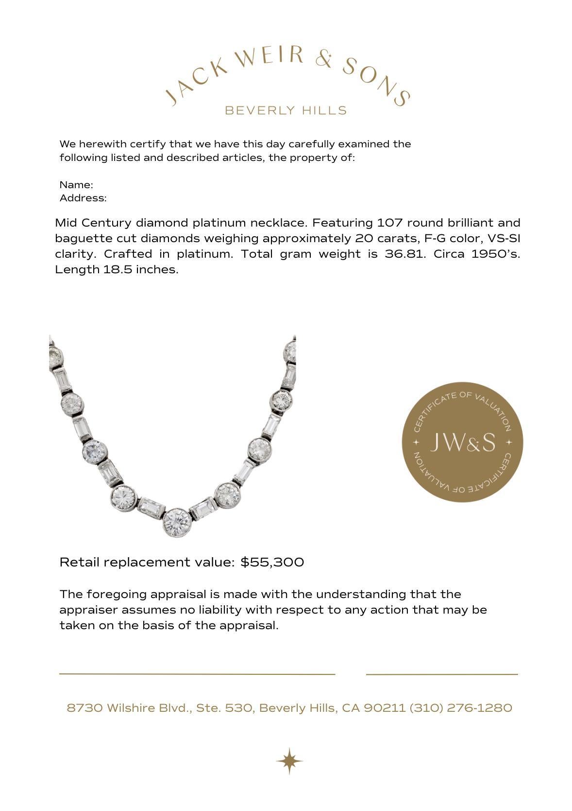 Collana in platino con diamante di 20 carati di peso totale del Mid Century in vendita 4