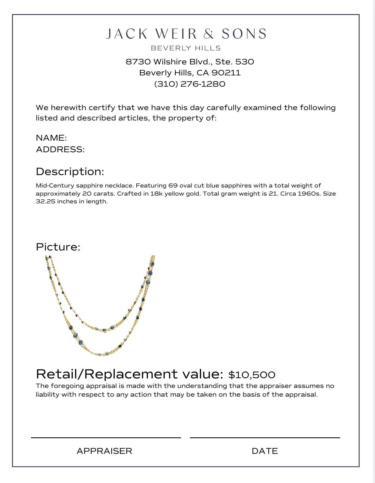 Mid Century 20 carat total weight sapphire 18k yellow gold necklace In Excellent Condition In Beverly Hills, CA