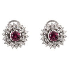 Mid century 2.00 carat pink tourmaline diamond 18k white gold cluster earrings