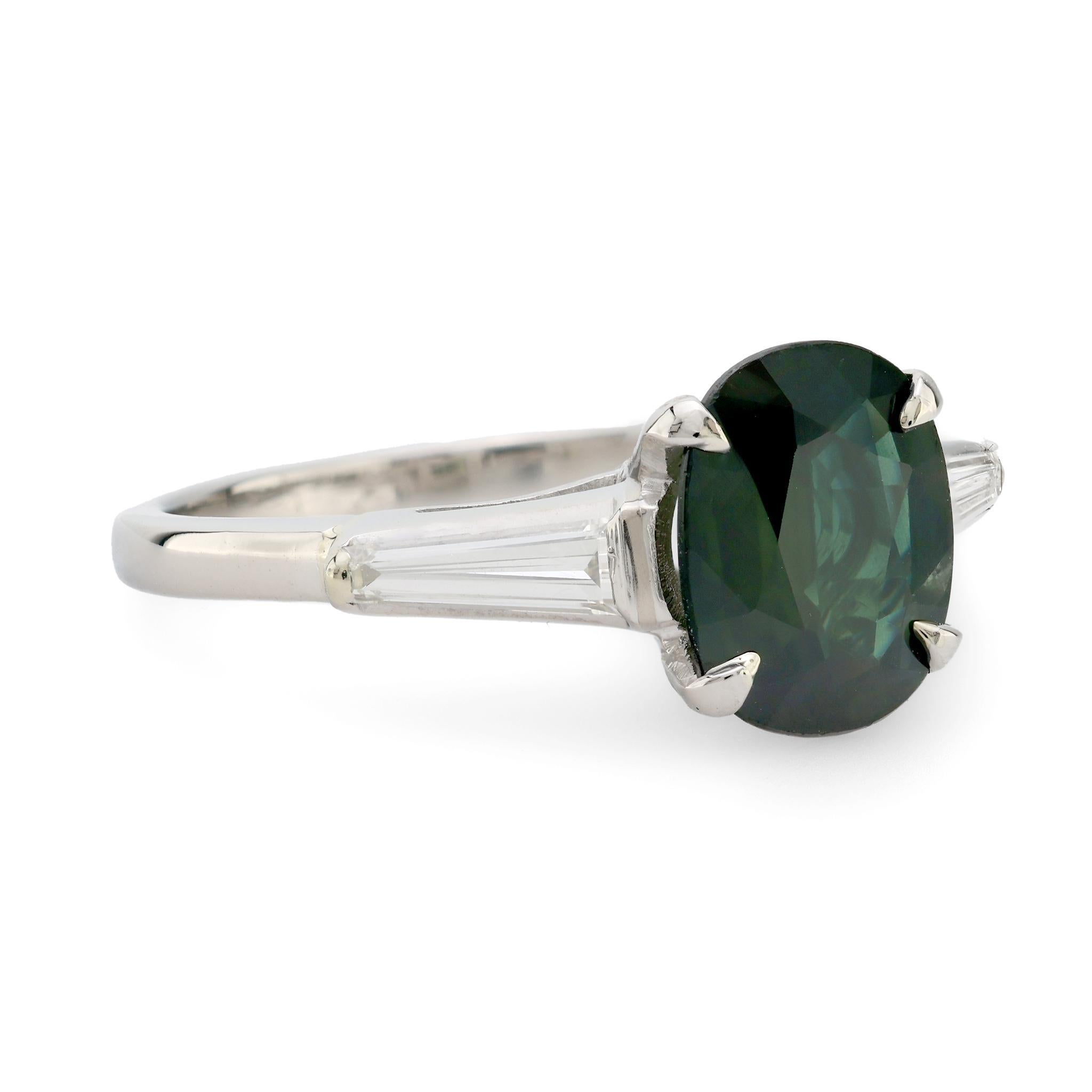Oval Cut Mid-Century 2.00 carat platinum green sapphire diamond ring