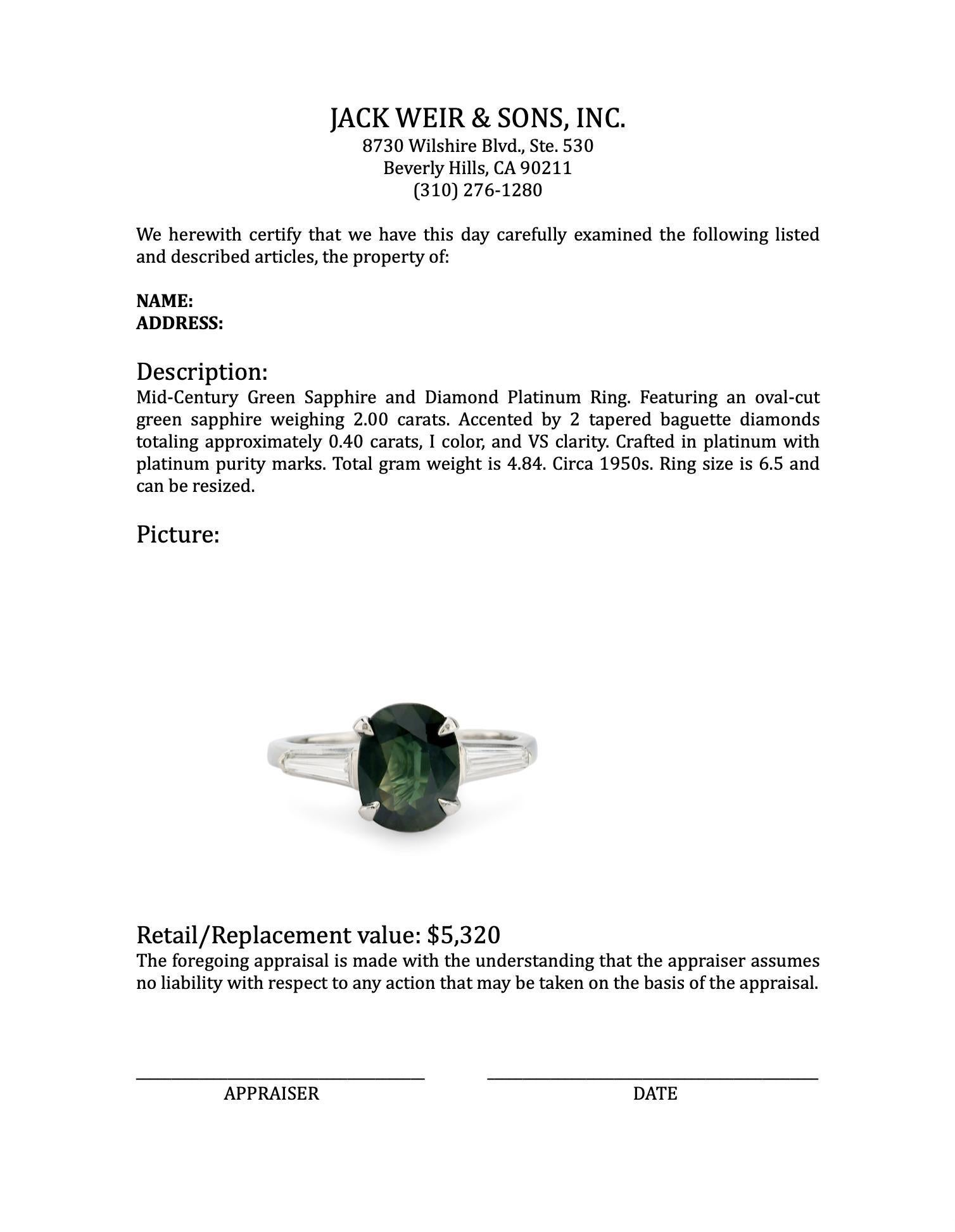 Women's or Men's Mid-Century 2.00 carat platinum green sapphire diamond ring
