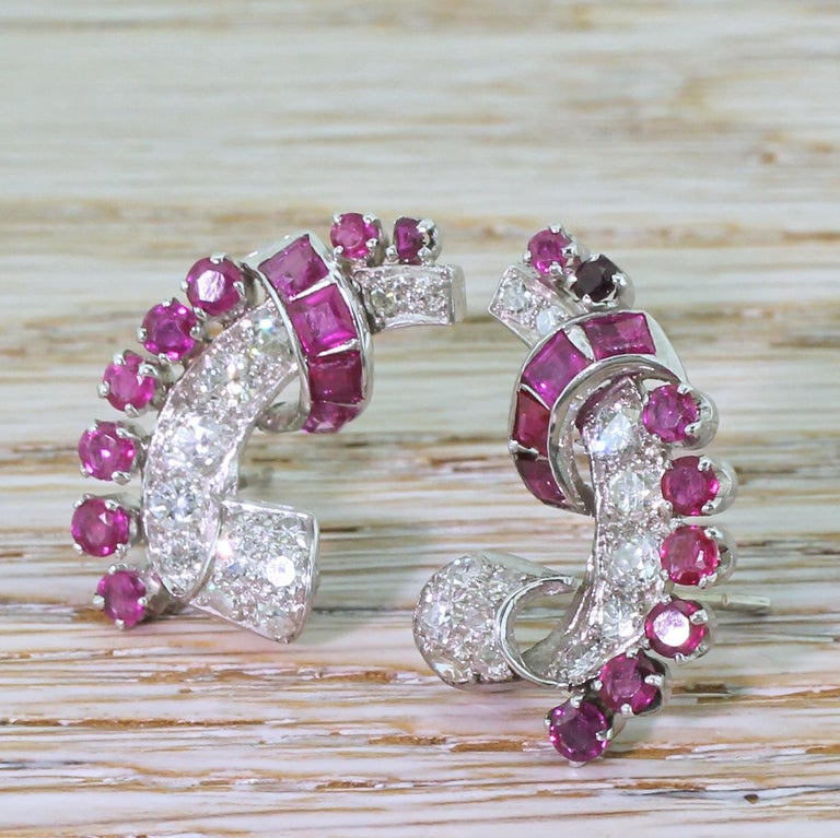 Midcentury 2.00 Carat Ruby and 1.25 Carat Diamond Ear Cuff Earrings For Sale at 1stDibs