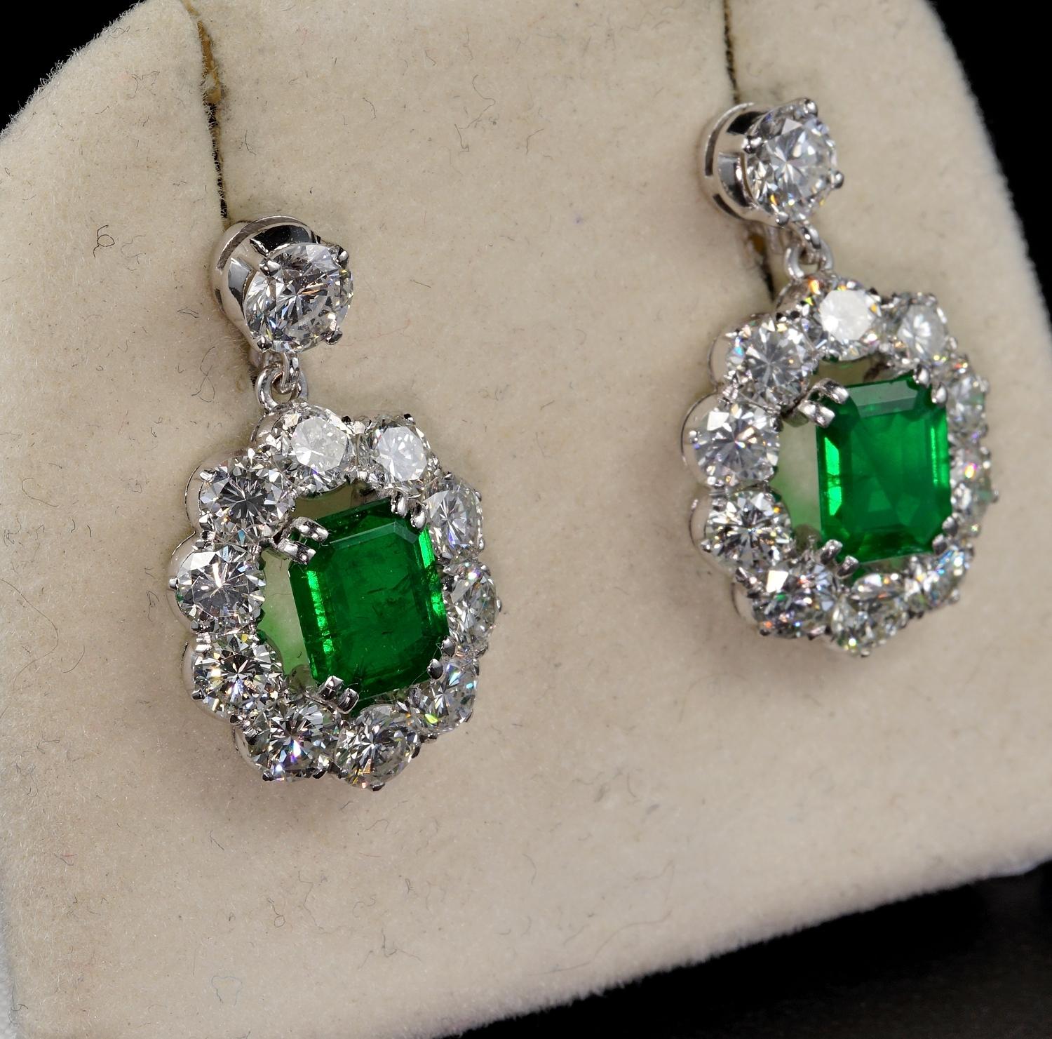 Contemporary Mid-century 2.00 Ct Emerald 4.50 Ct Diamond Platinum Earrings For Sale