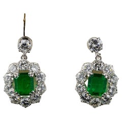 Vintage Mid-century 2.00 Ct Emerald 4.50 Ct Diamond Platinum Earrings