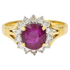 Mid-Century 2.00 CTW Burma Ruby Diamond 18 Karat Yellow Gold Vintage Ring GIA