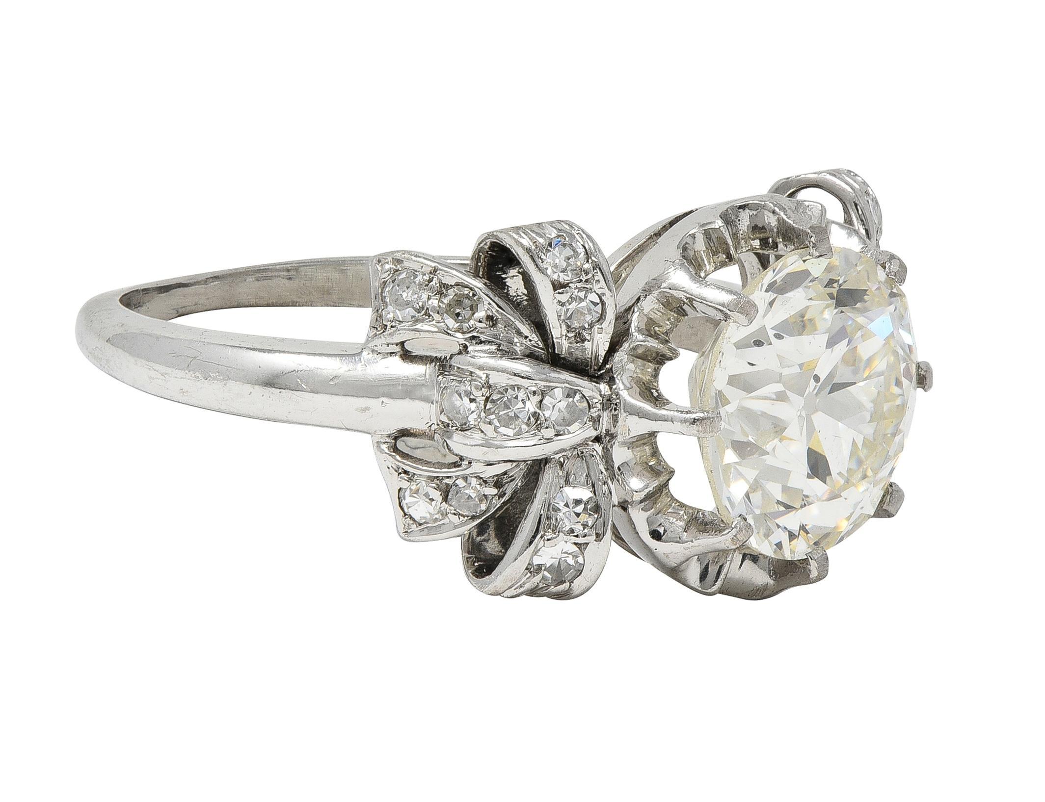 Old European Cut Mid-Century 2.00 CTW Diamond Platinum Vintage Bow Engagement Ring For Sale
