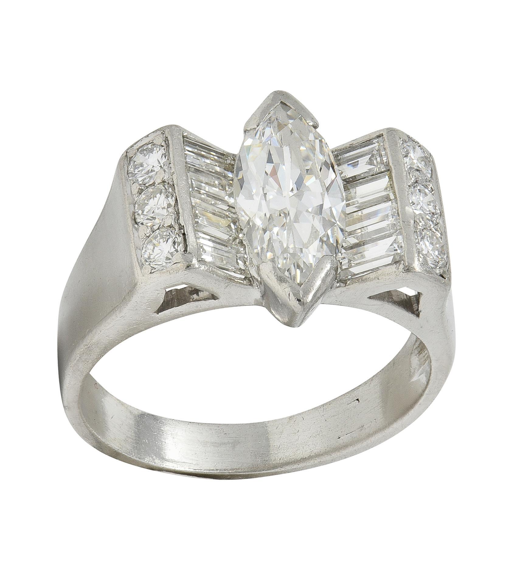 Mid-Century 2.05 CTW Marquise Diamond Platinum Vintage Bow Fashion Ring en vente 1