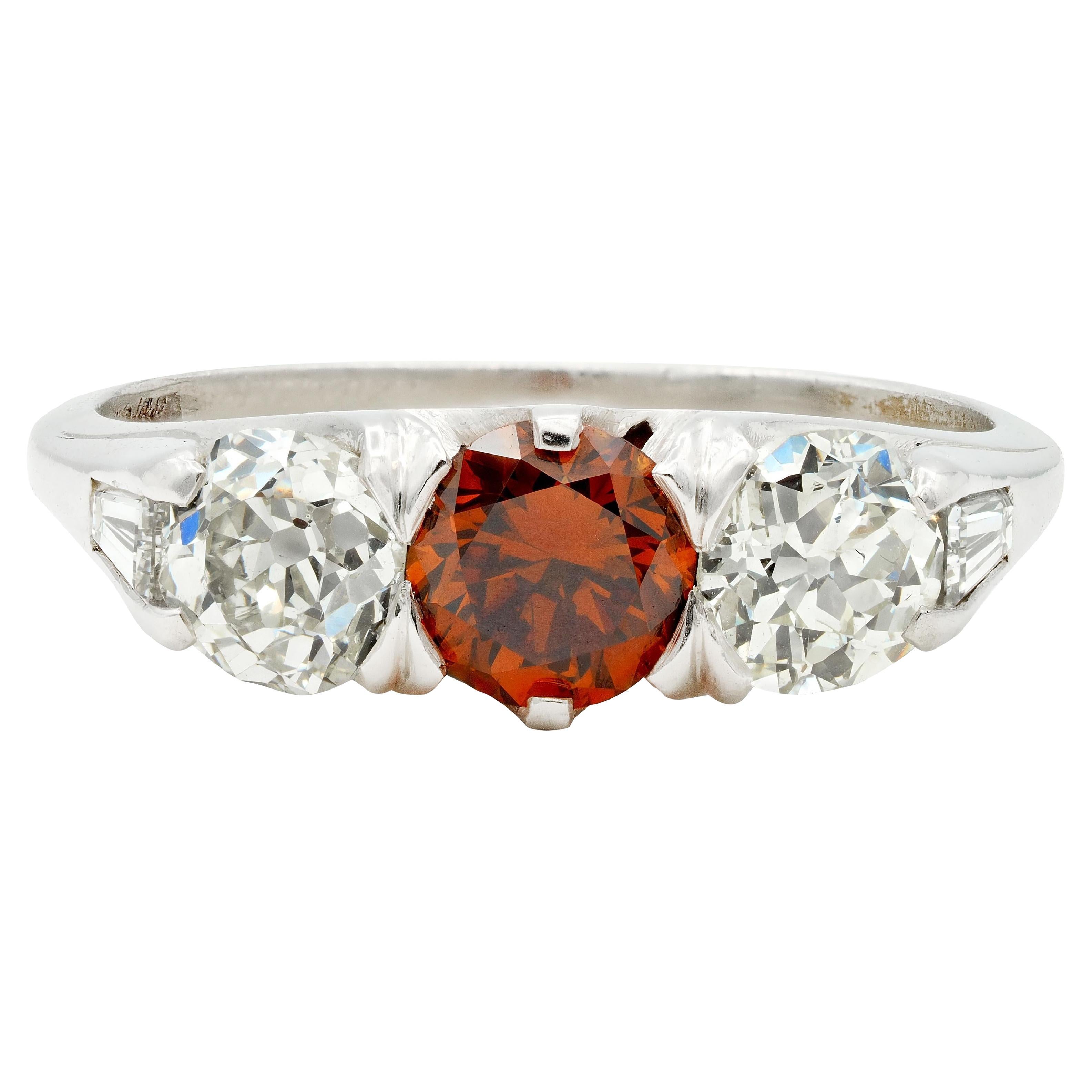 Mid-Century 2.06 CTW Fancy Diamond Platinum Three Stone Vintage Ring GIA