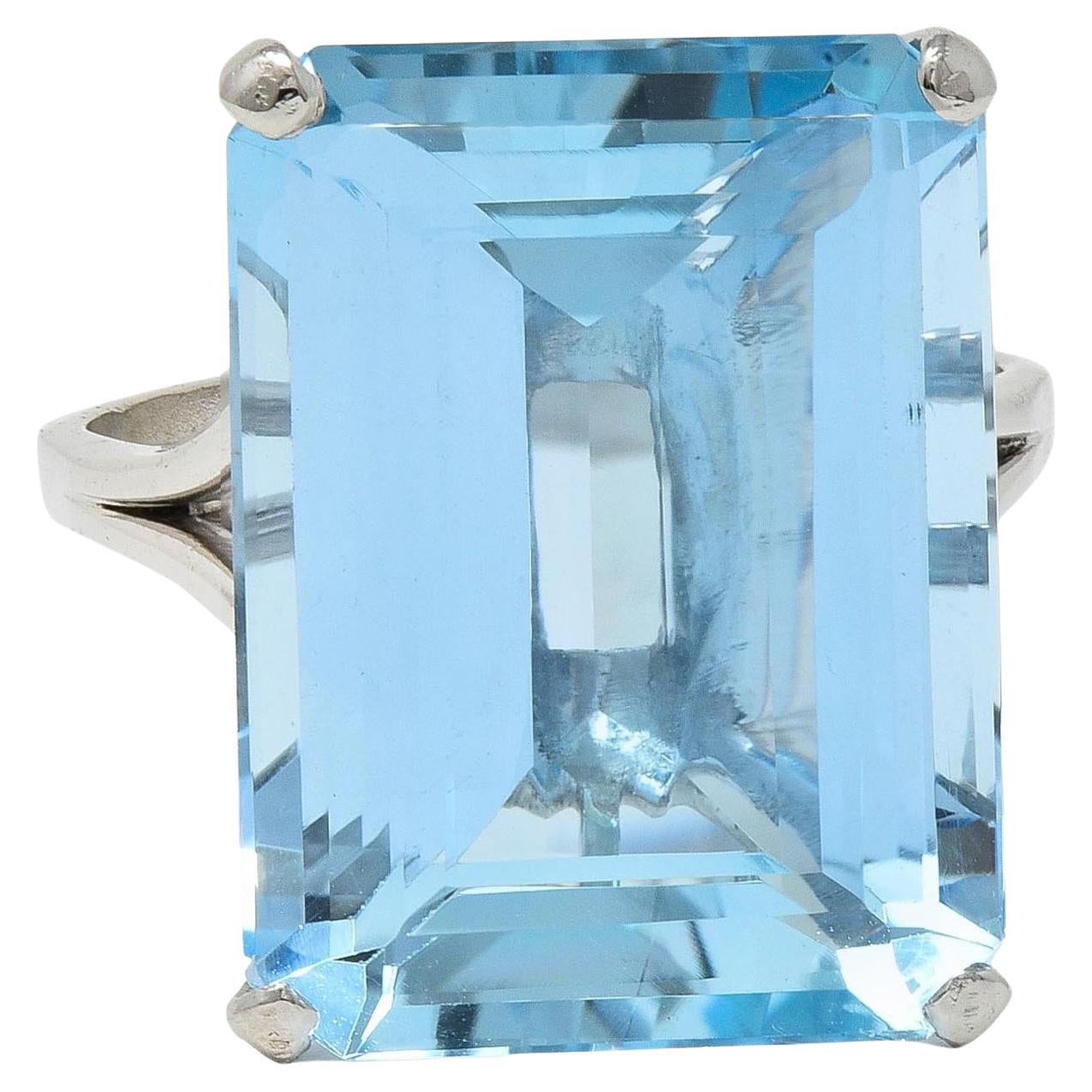 Mid-Century 20.65 CTW Aquamarine Platinum Vintage Cocktail Ring For Sale