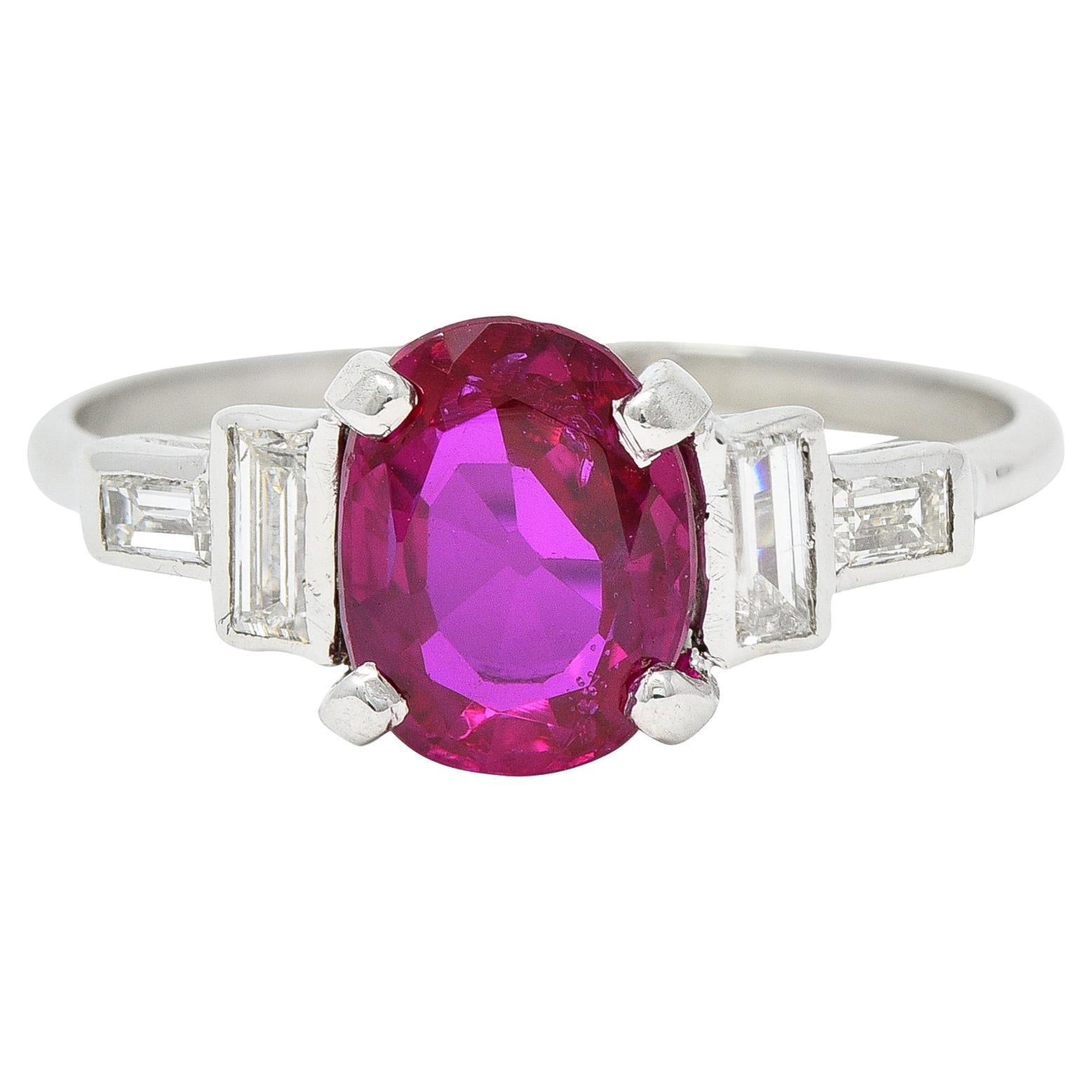 Mid-Century 2.08 CTW No Heat Burma Ruby Diamond Platinum Vintage Ring GCS For Sale