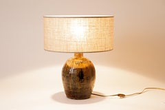 Lámpara de Mesa de Cerámica de Gres de Mediados del Siglo XX Color Marrón Decoración La Borne