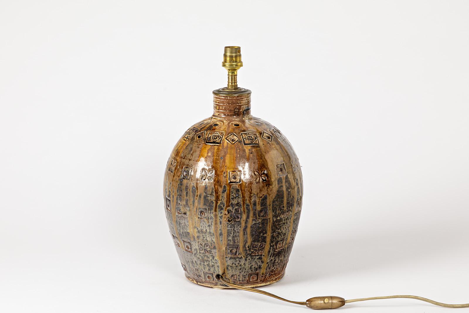 French Mid-20th Century Stoneware Ceramic Table Lamp Brown Color La Borne Decoration For Sale