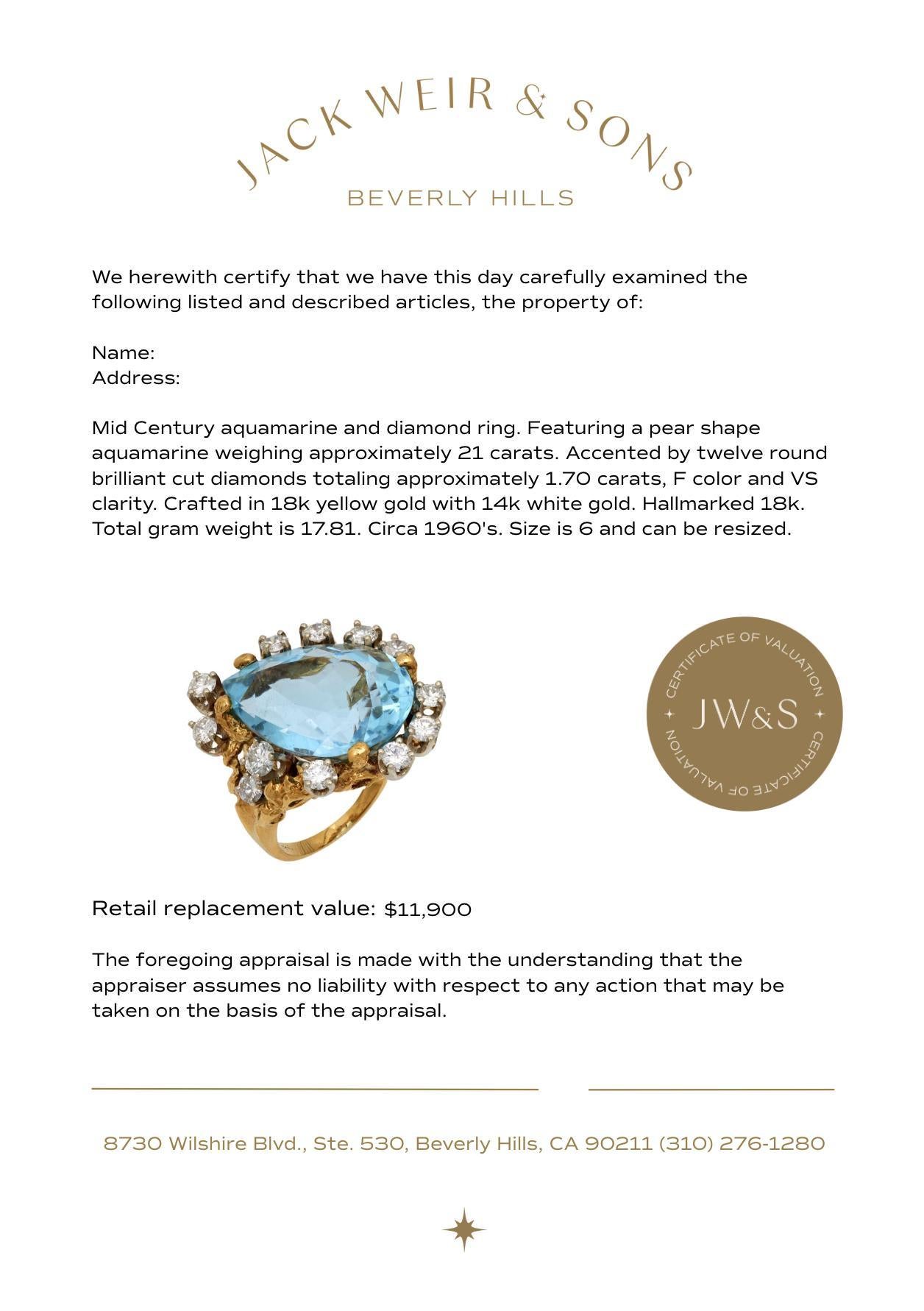 Mid Century 21 carat aquamarine diamond 18k yellow gold cocktail ring im Zustand „Gut“ im Angebot in Beverly Hills, CA