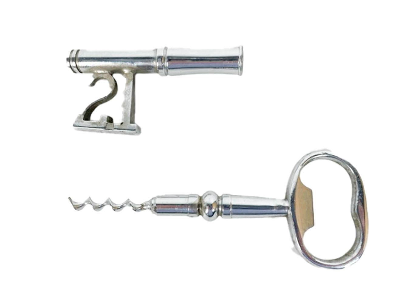 Mid-Century Modern silver plate corkscrew / bottle opener by P.H. Vogel of Birmingham, England, in the form of a large skeleton key. The bow (head) of the key works as a bottle opener and when pulled from the shank (shaft) a corkscrew is revealed