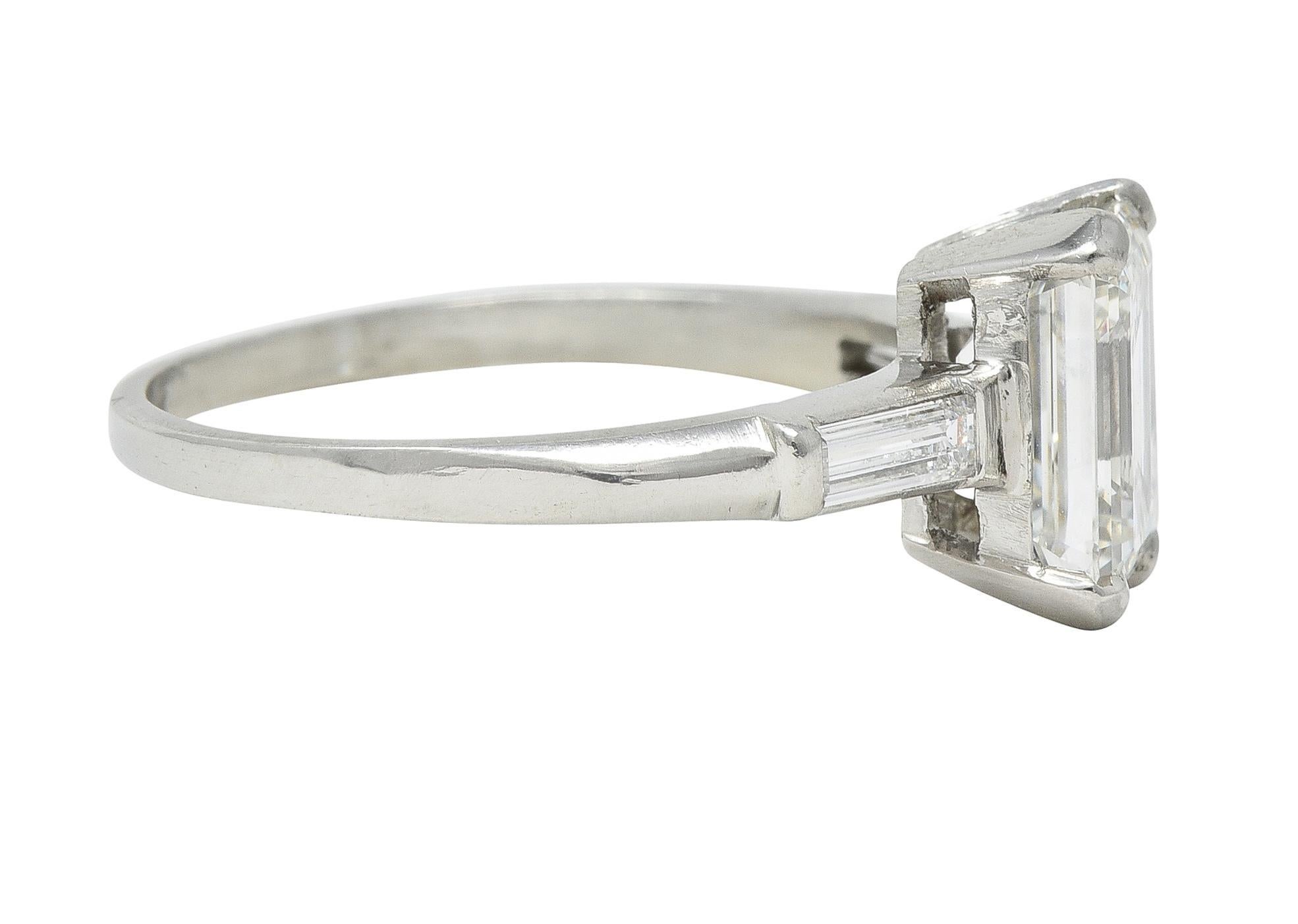 Mid-Century 2.11 CTW Emerald Cut Diamond Platinum Vintage Engagement Ring GIA In Excellent Condition For Sale In Philadelphia, PA