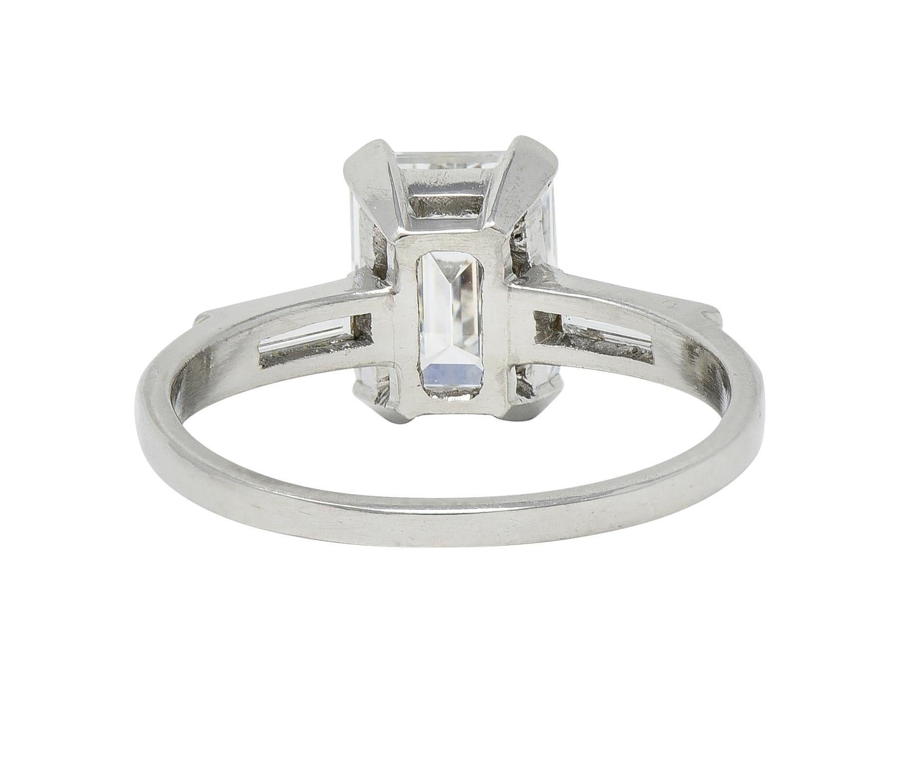 Women's or Men's Mid-Century 2.11 CTW Emerald Cut Diamond Platinum Vintage Engagement Ring GIA For Sale