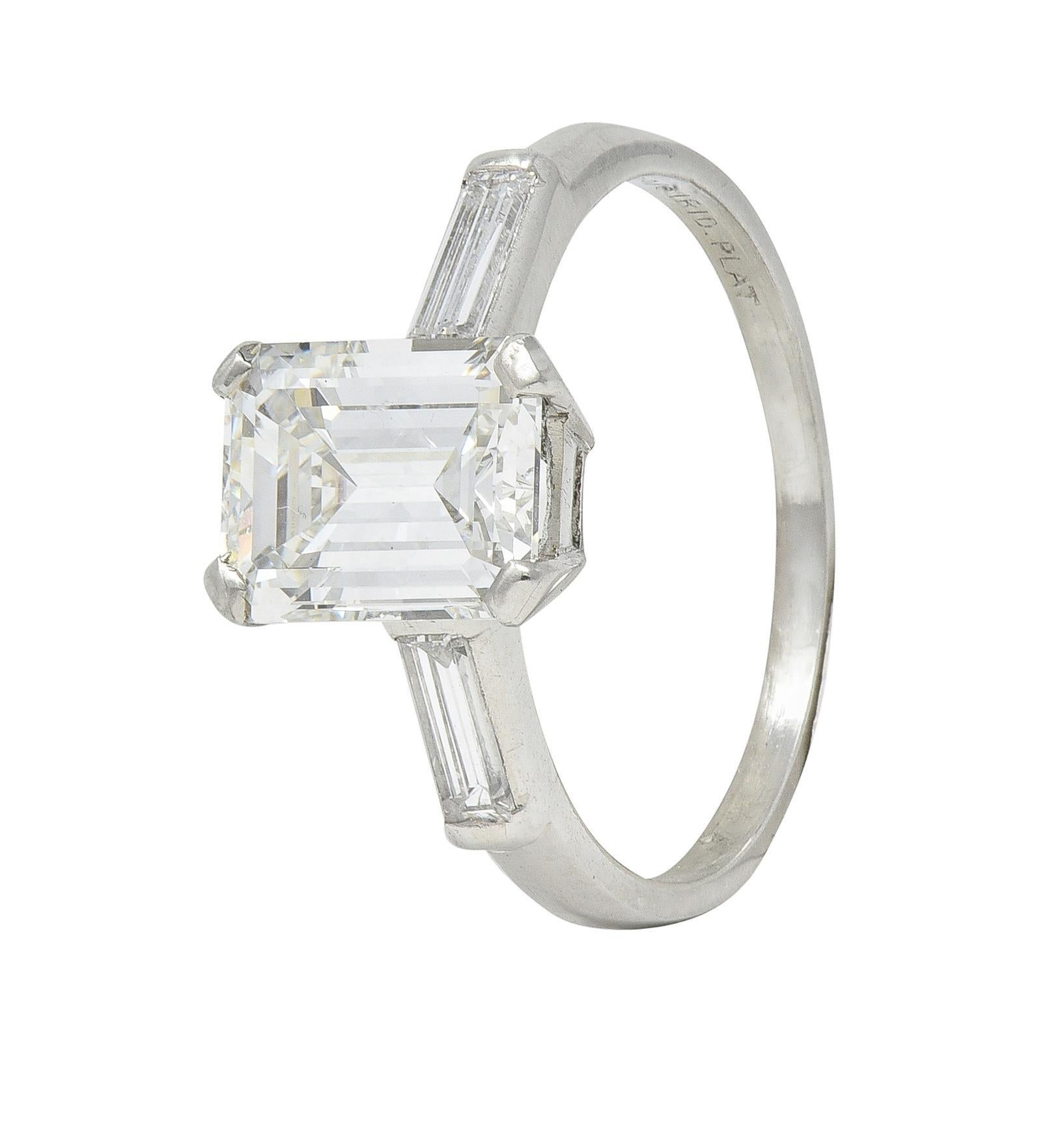 Mid-Century 2.11 CTW Emerald Cut Diamond Platinum Vintage Engagement Ring GIA For Sale 4