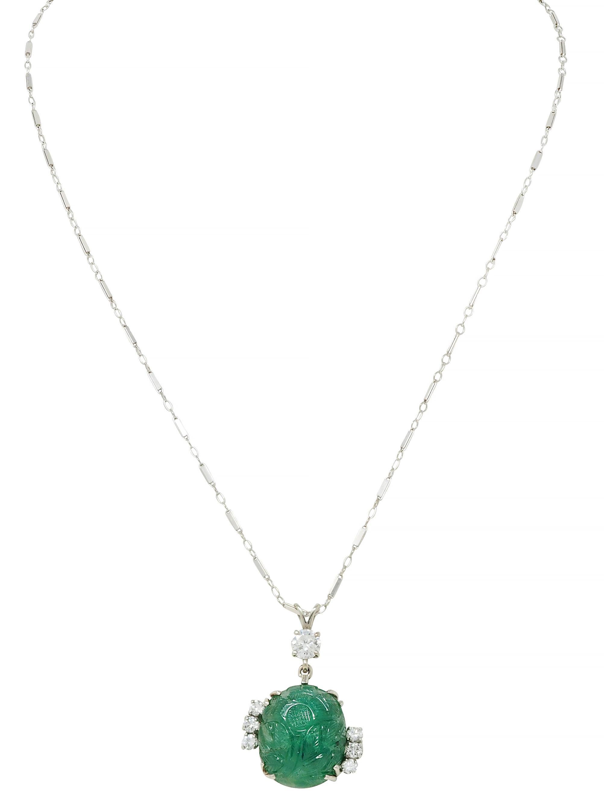 Mid-Century 21.17 CTW Carved Emerald Diamond 14 Karat White Gold Necklace In Excellent Condition For Sale In Philadelphia, PA