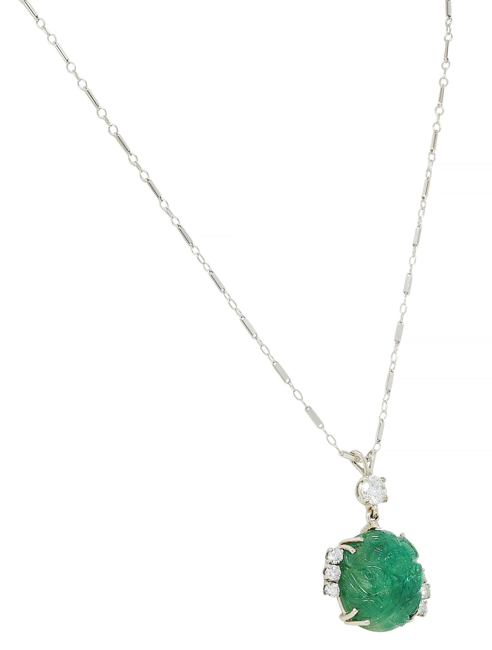 Women's or Men's Mid-Century 21.17 CTW Carved Emerald Diamond 14 Karat White Gold Necklace For Sale