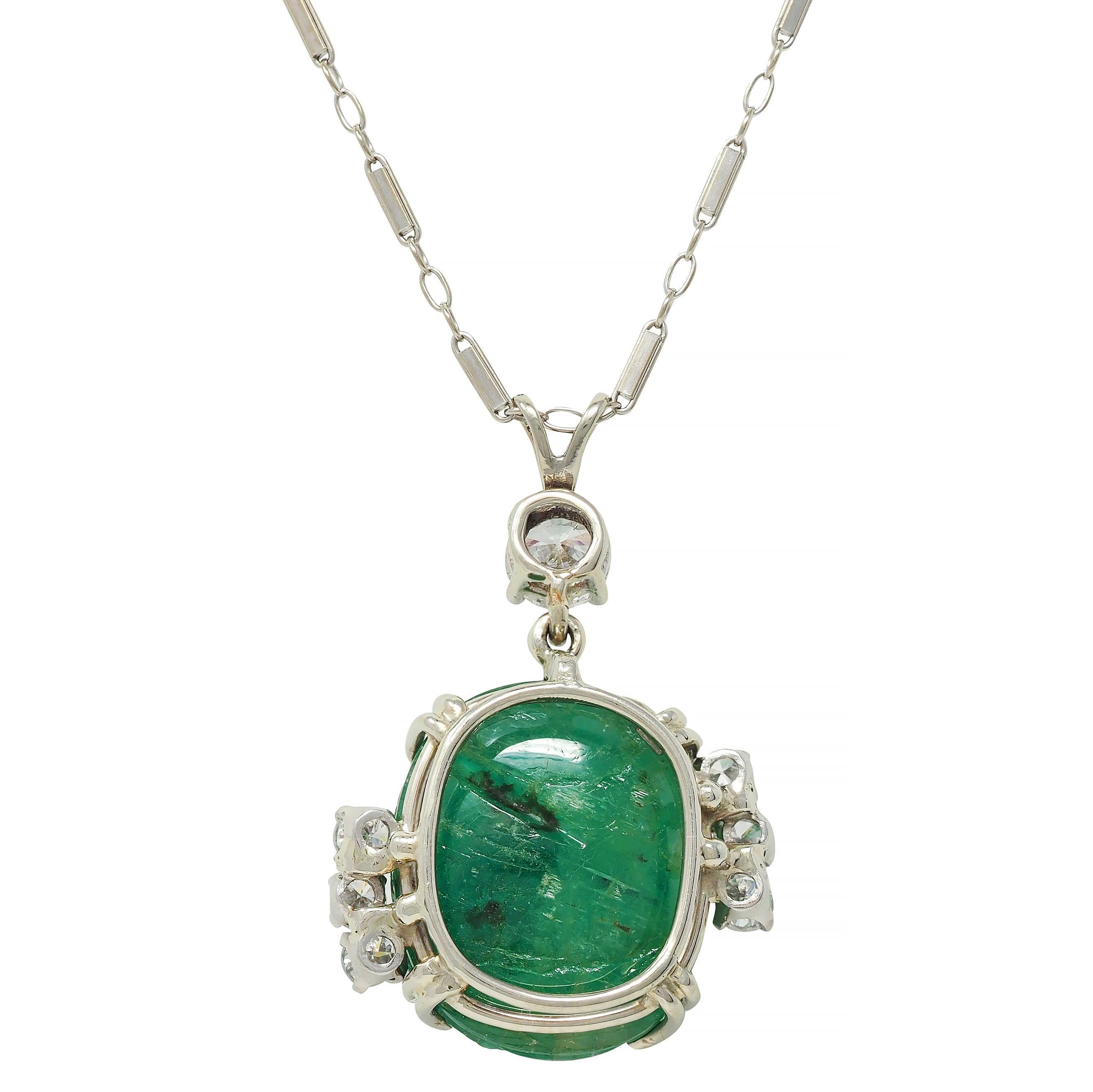 Mid-Century 21.17 CTW Carved Emerald Diamond 14 Karat White Gold Necklace For Sale 1