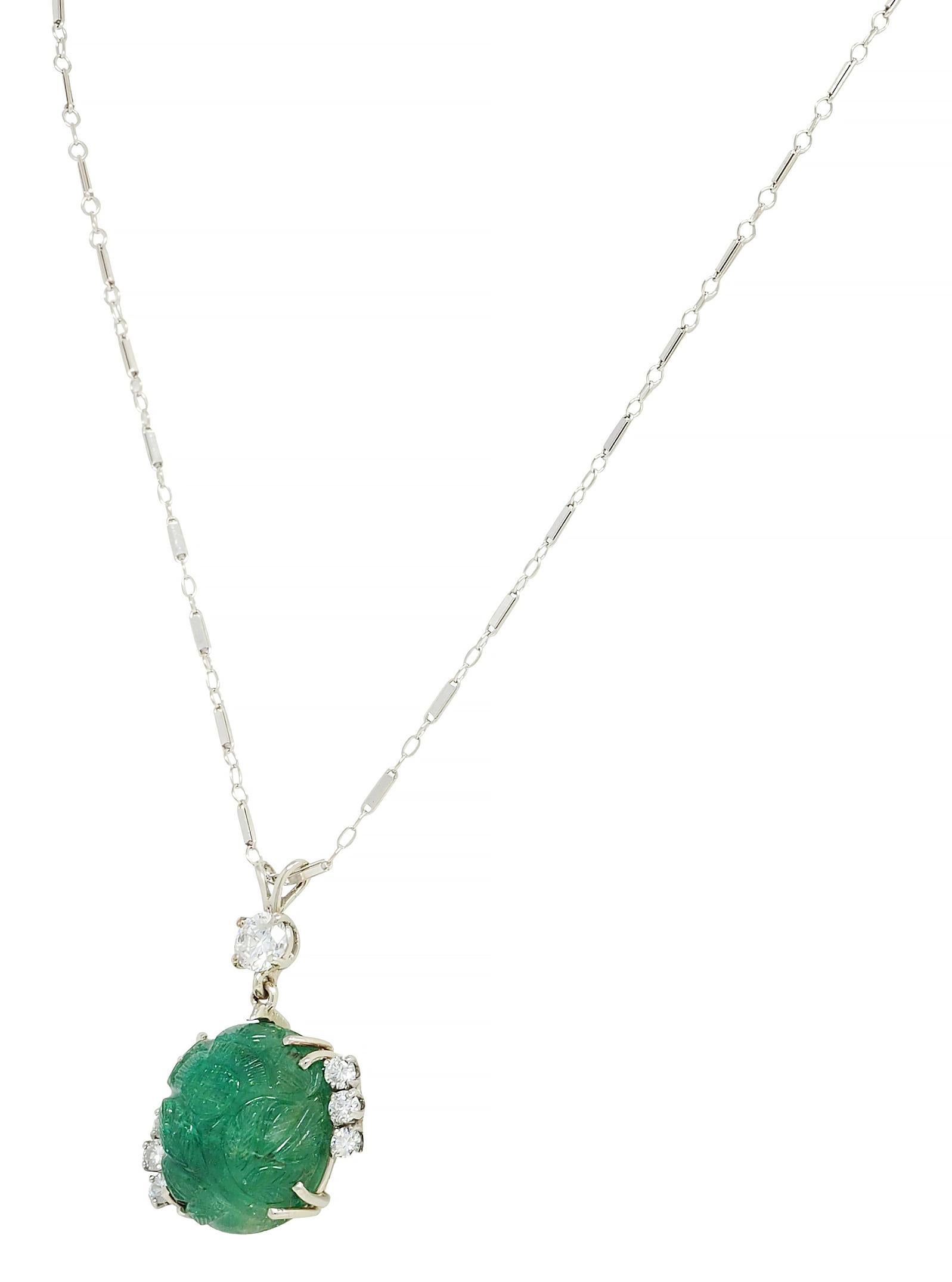 Mid-Century 21.17 CTW Carved Emerald Diamond 14 Karat White Gold Necklace For Sale 2