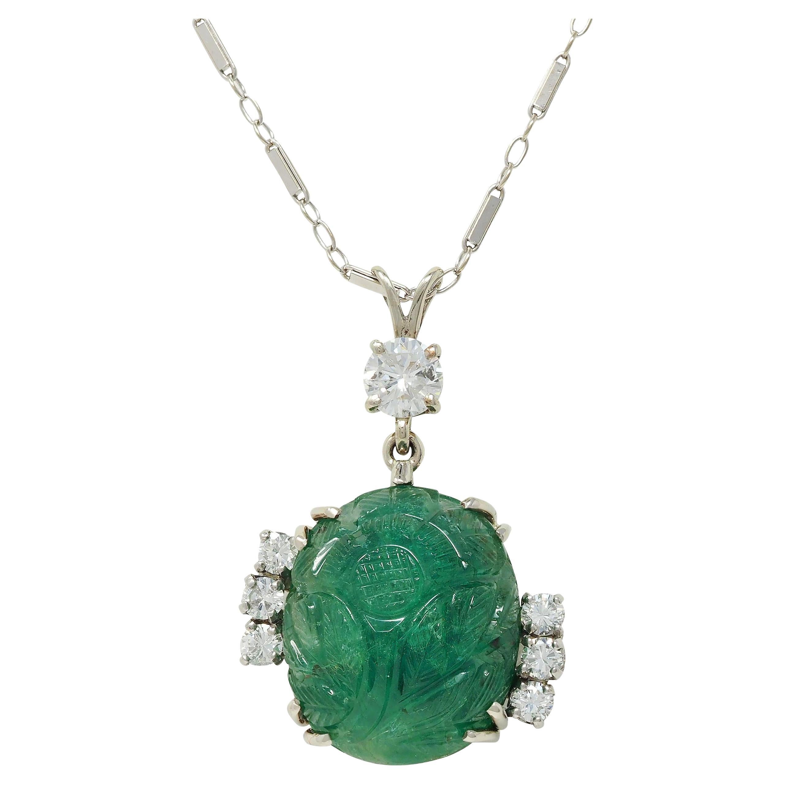 Mid-Century 21.17 CTW Carved Emerald Diamond 14 Karat White Gold Necklace For Sale