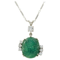 Vintage Mid-Century 21.17 CTW Carved Emerald Diamond 14 Karat White Gold Necklace