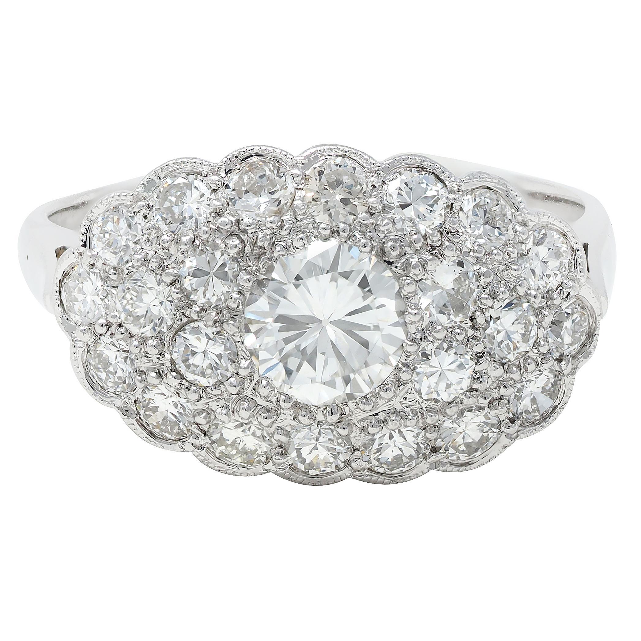Mid-Century 2.12 CTW Diamond 14 Karat White Gold Vintage Cluster Ring