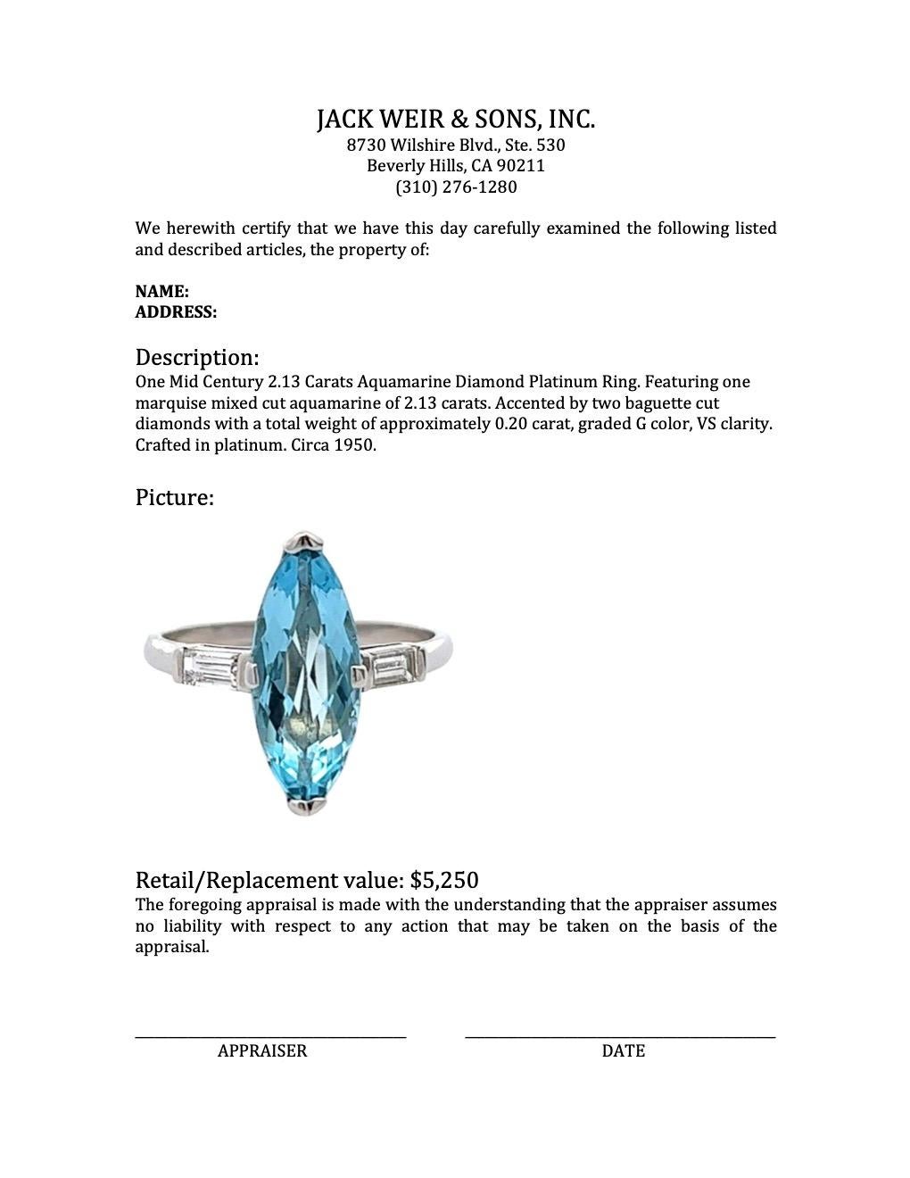 Midcentury 2.13 Carats Aquamarine Diamond Platinum Ring 2