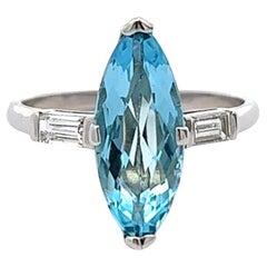 Vintage Midcentury 2.13 Carats Aquamarine Diamond Platinum Ring