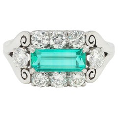Anello Mid-Century 2.14 Emerald Diamond Platinum Vintage Scroll