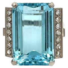Midcentury 21.47 Carats Aquamarine Diamond Platinum Cocktail Ring