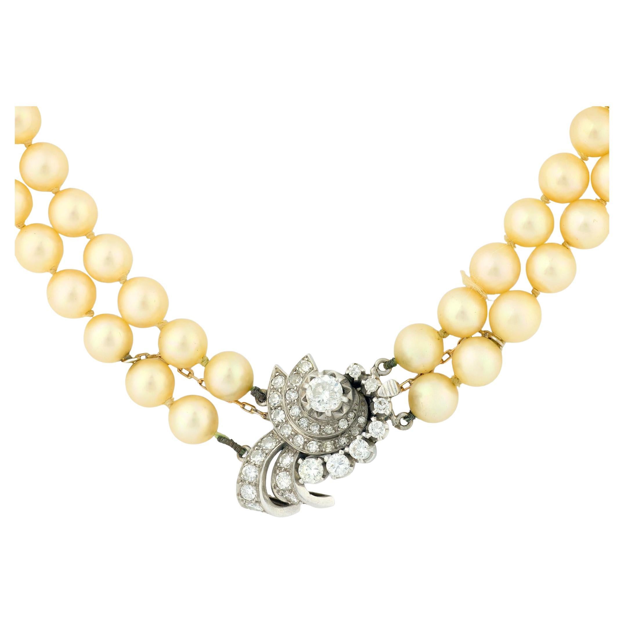 Mid Century 2.15 carat diamond pearl platinum necklace For Sale