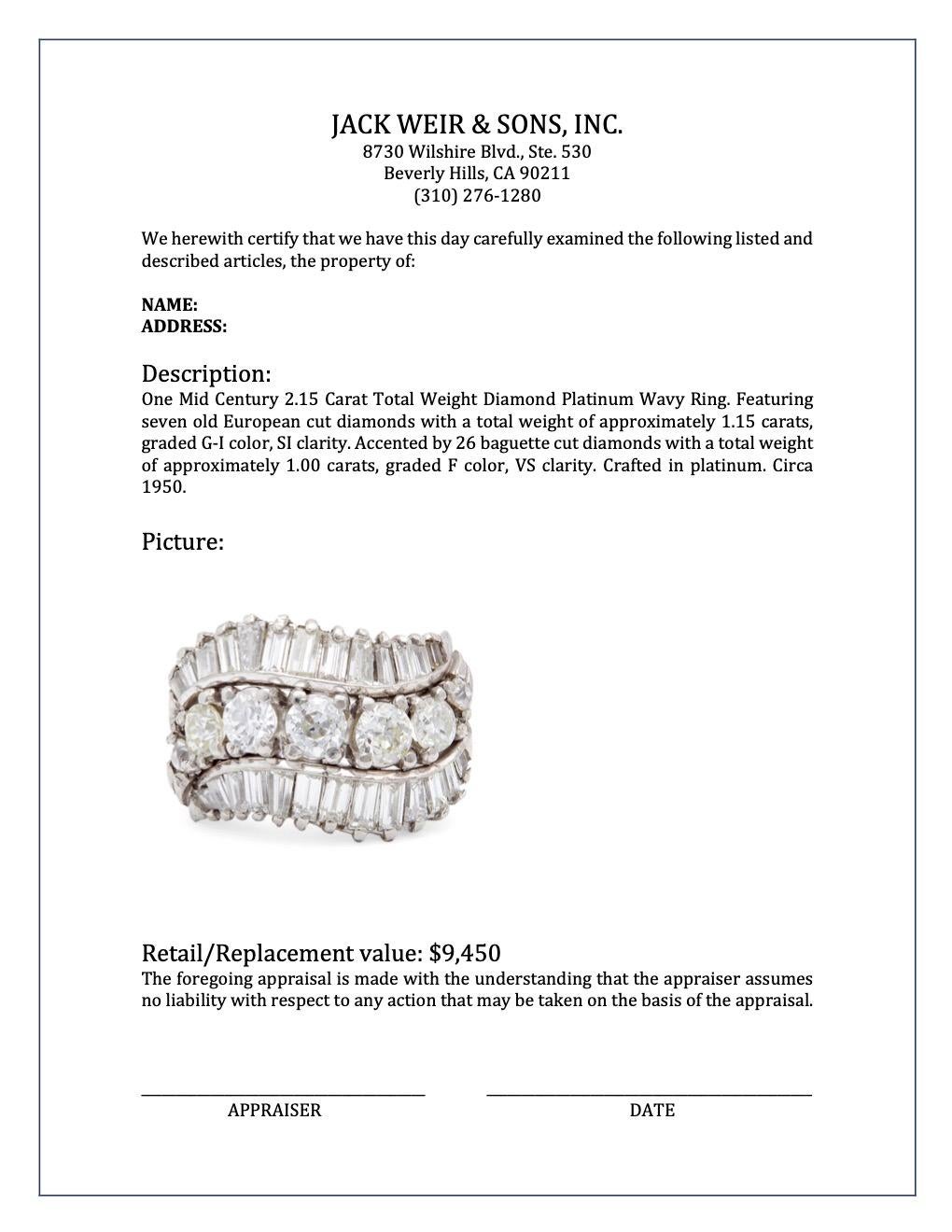 Midcentury 2.15 Carats Total Weight Diamond Platinum Wavy Ring 2