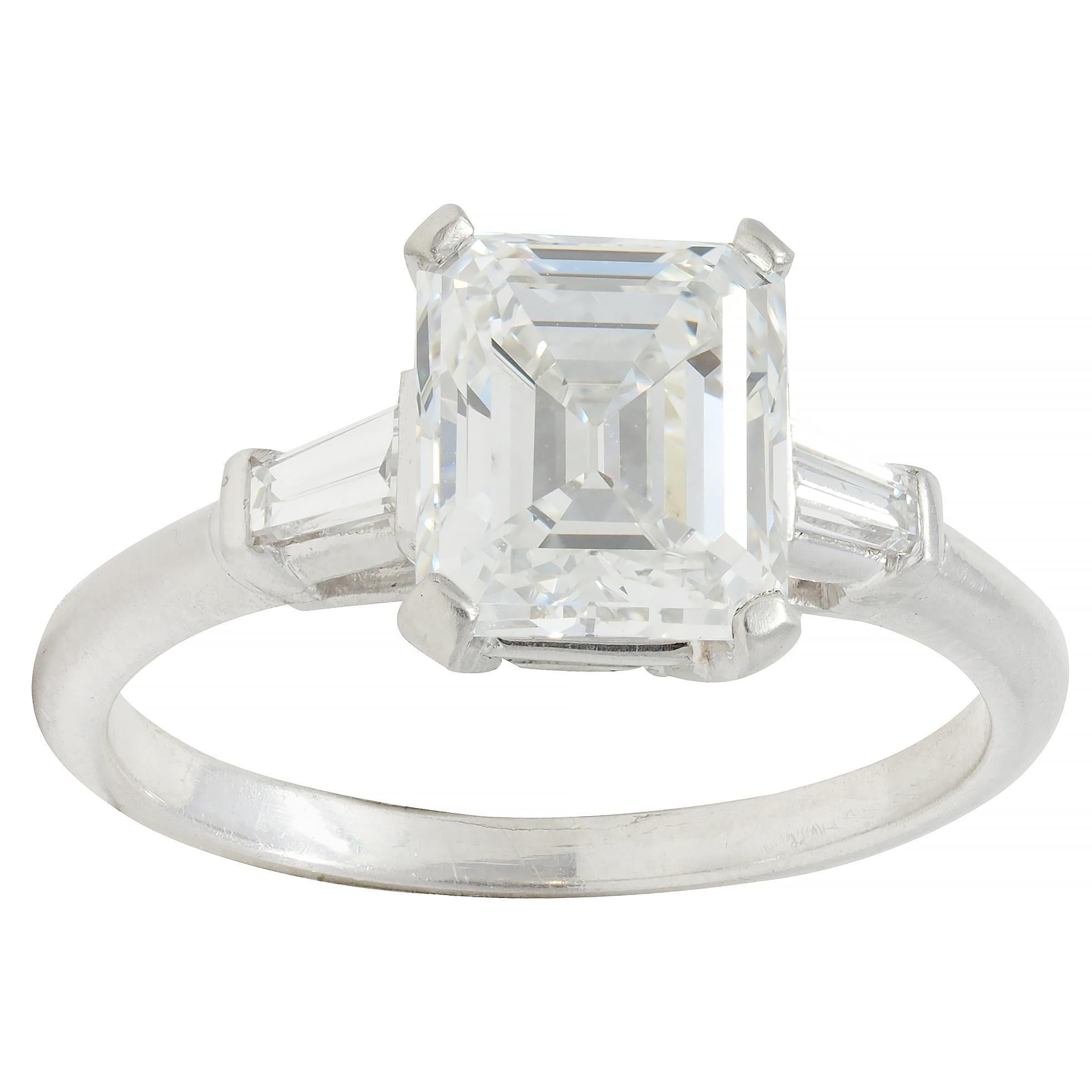 Mid-Century 2.17 CTW Emerald Cut Diamond Platinum Three Stone Engagement Ring For Sale 7