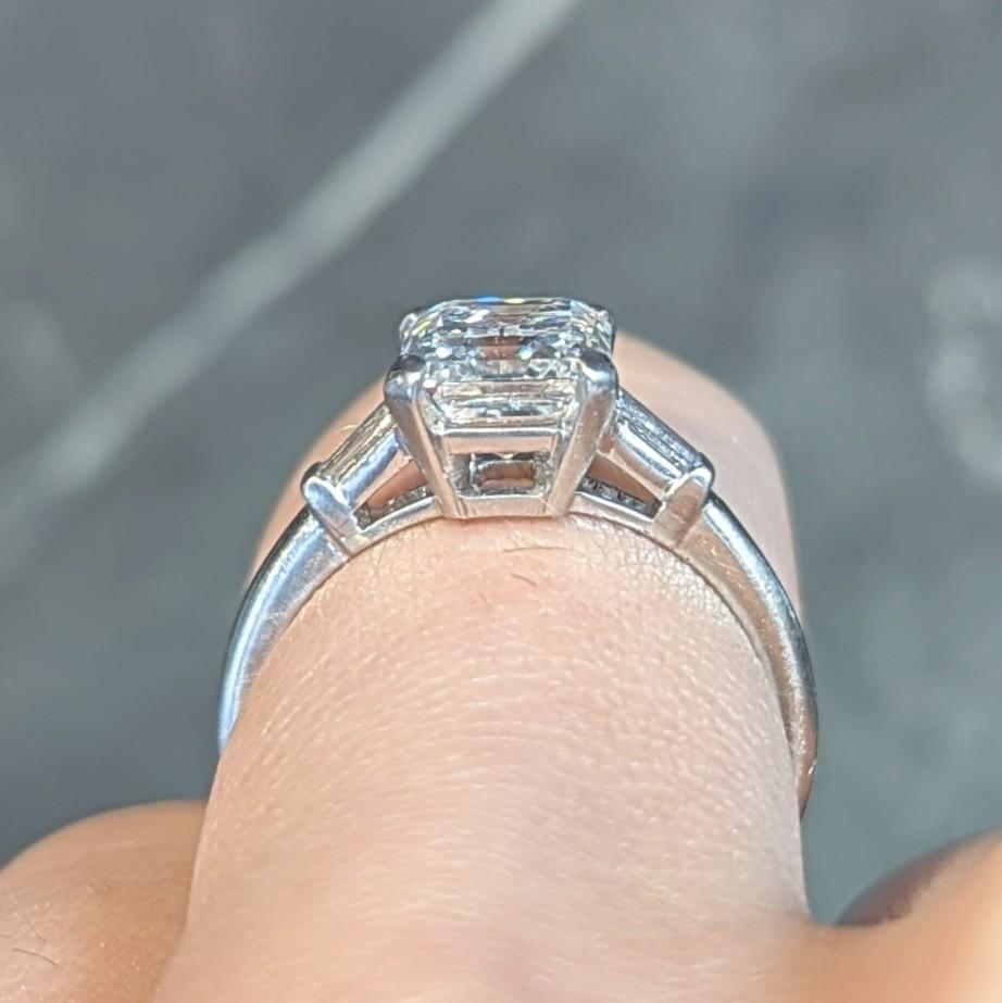 Mid-Century 2.17 CTW Emerald Cut Diamond Platinum Three Stone Engagement Ring For Sale 9