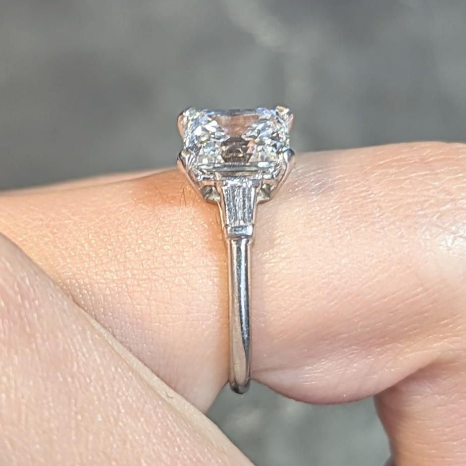 Mid-Century 2.17 CTW Emerald Cut Diamond Platinum Three Stone Engagement Ring For Sale 10