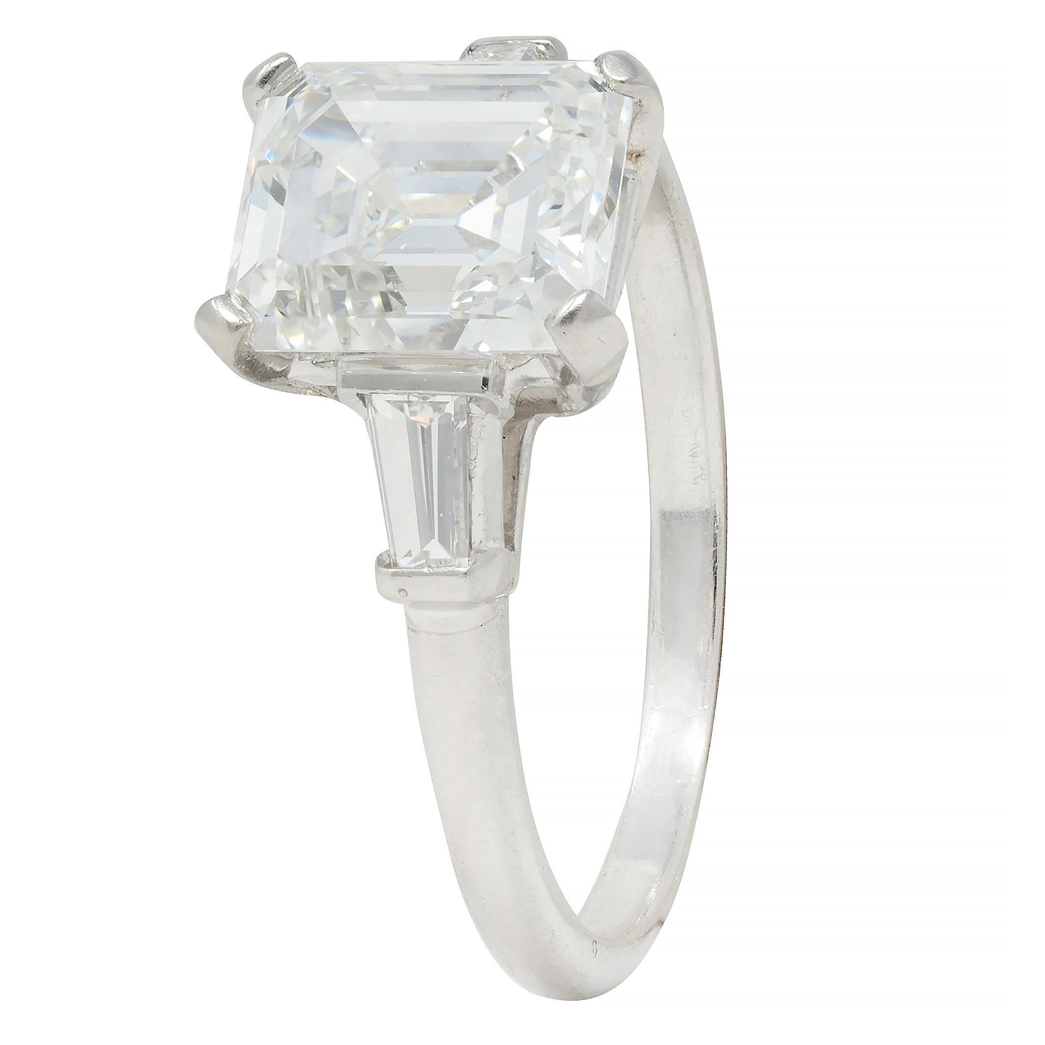 Mid-Century 2.17 CTW Emerald Cut Diamond Platinum Three Stone Engagement Ring For Sale 3
